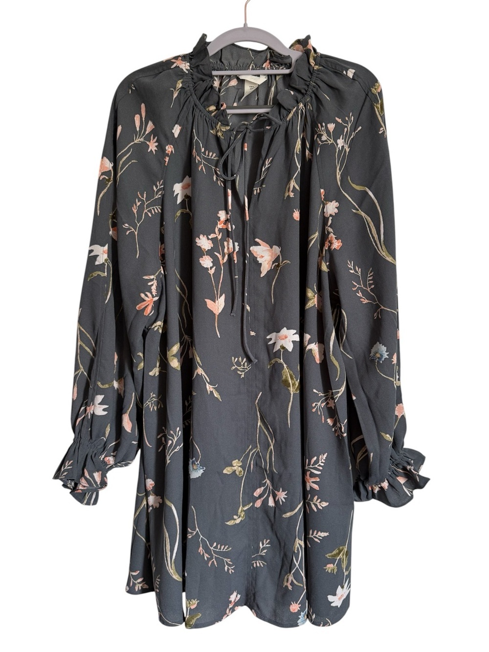 H&M Grey Floral Tie-Neck Long-Sleeve Mini Dress